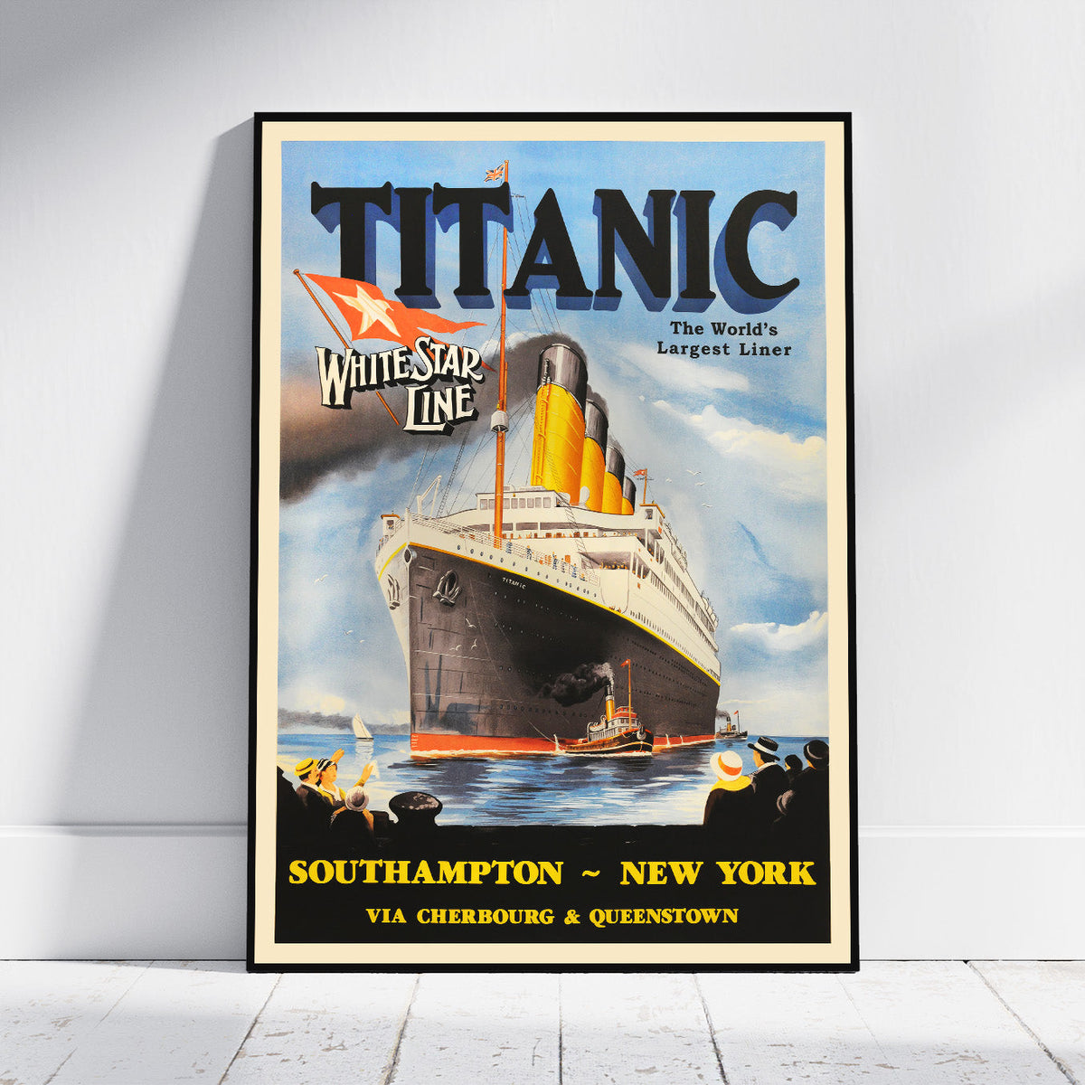 The poster shows the Titanic sailing at sea with large 'TITANIC' text at the top, 'Walters Star Line' branding, and destination text reading 'Southampton ~ New York'.