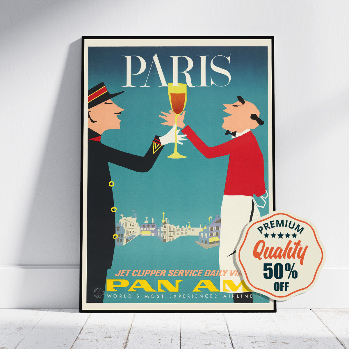 Hi-Res Print - A4, A3...20x30 inch... Pan Am - Fly to Paris - Vintage airline poster