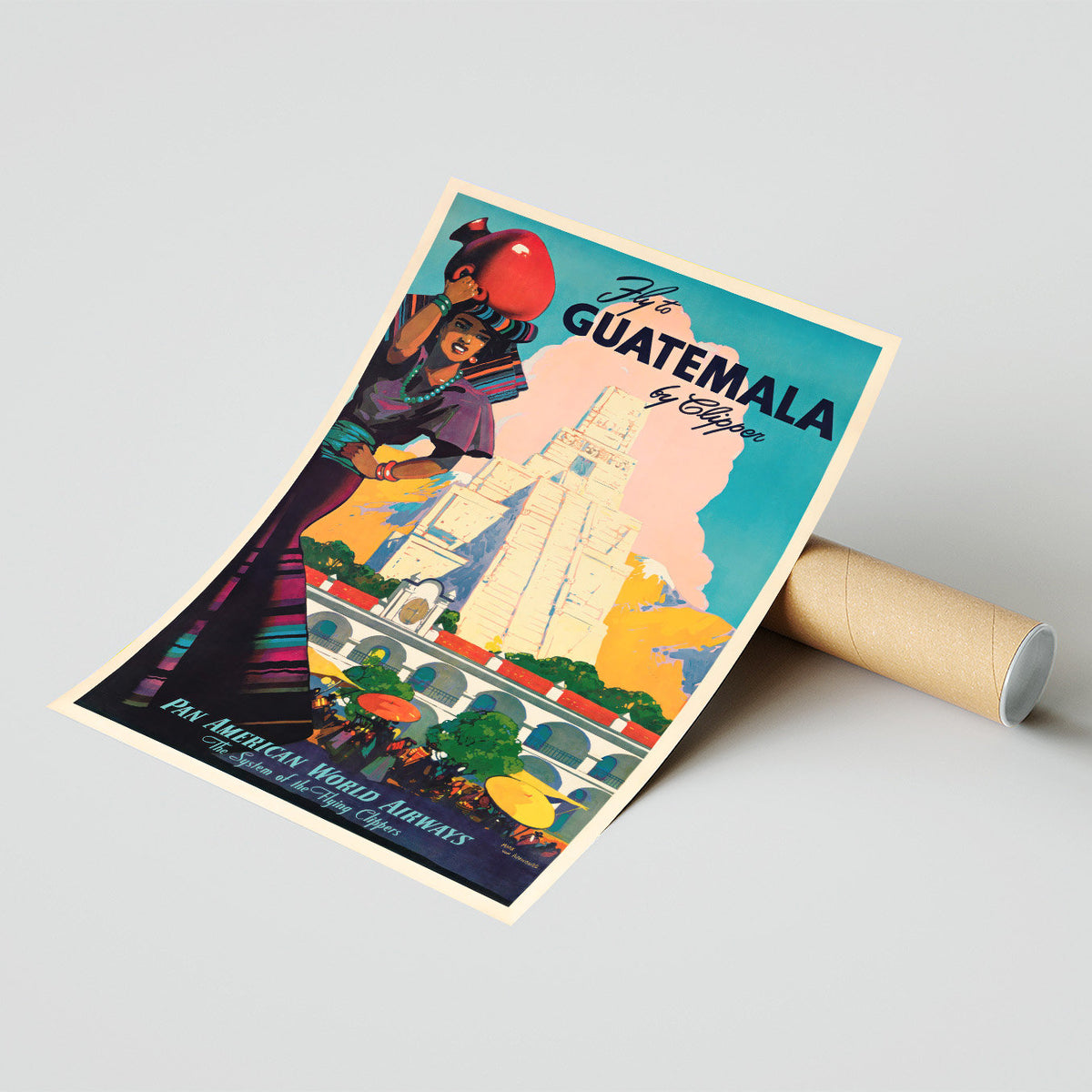 Vintage Fine Art Poster – DIN A4, DIN A1... 20x30 Zoll... Pan Am, Pan American World Airways, Fliegen Sie nach Guatemala – Vintage-Fluglinienposter