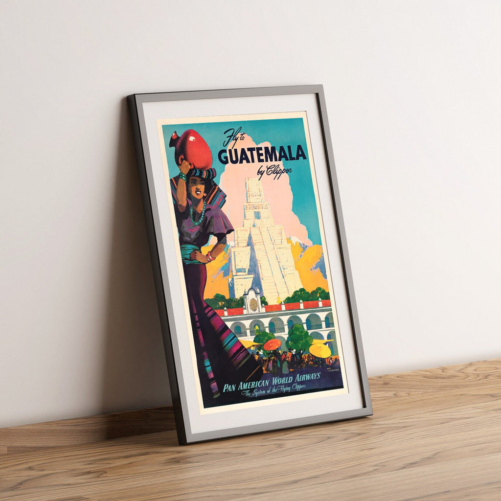 Vintage Fine Art Poster – DIN A4, DIN A1... 20x30 Zoll... Pan Am, Pan American World Airways, Fliegen Sie nach Guatemala – Vintage-Fluglinienposter