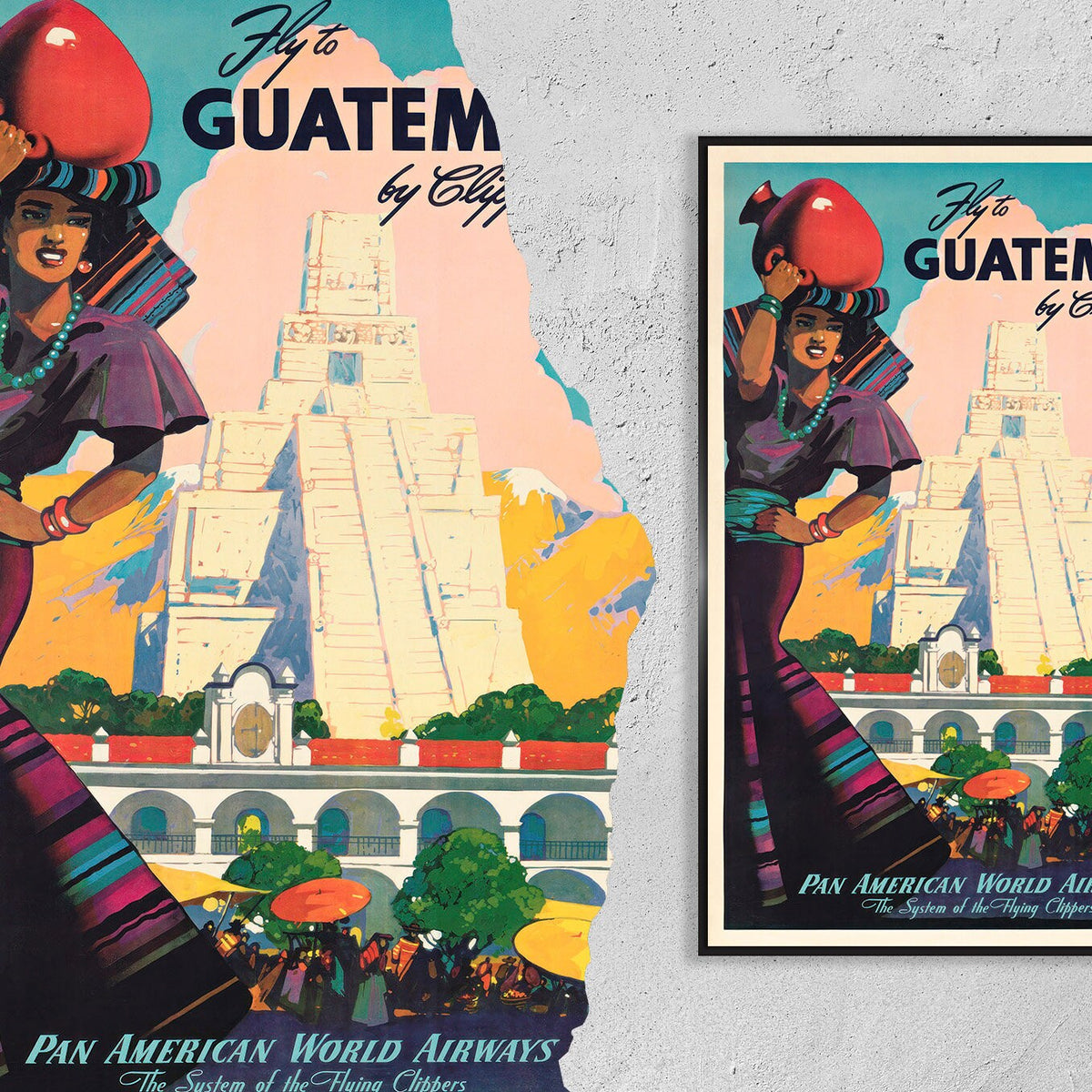 Vintage Fine Art Poster – DIN A4, DIN A1... 20x30 Zoll... Pan Am, Pan American World Airways, Fliegen Sie nach Guatemala – Vintage-Fluglinienposter