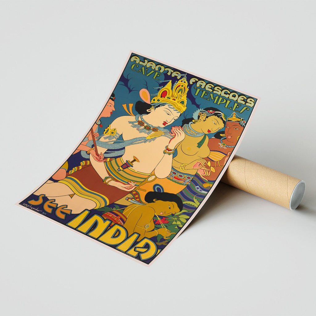 Vintage Fine Art Poster - A4, A1...20x30 inch... Cave Temples, See India - Vintage Reiseplakat