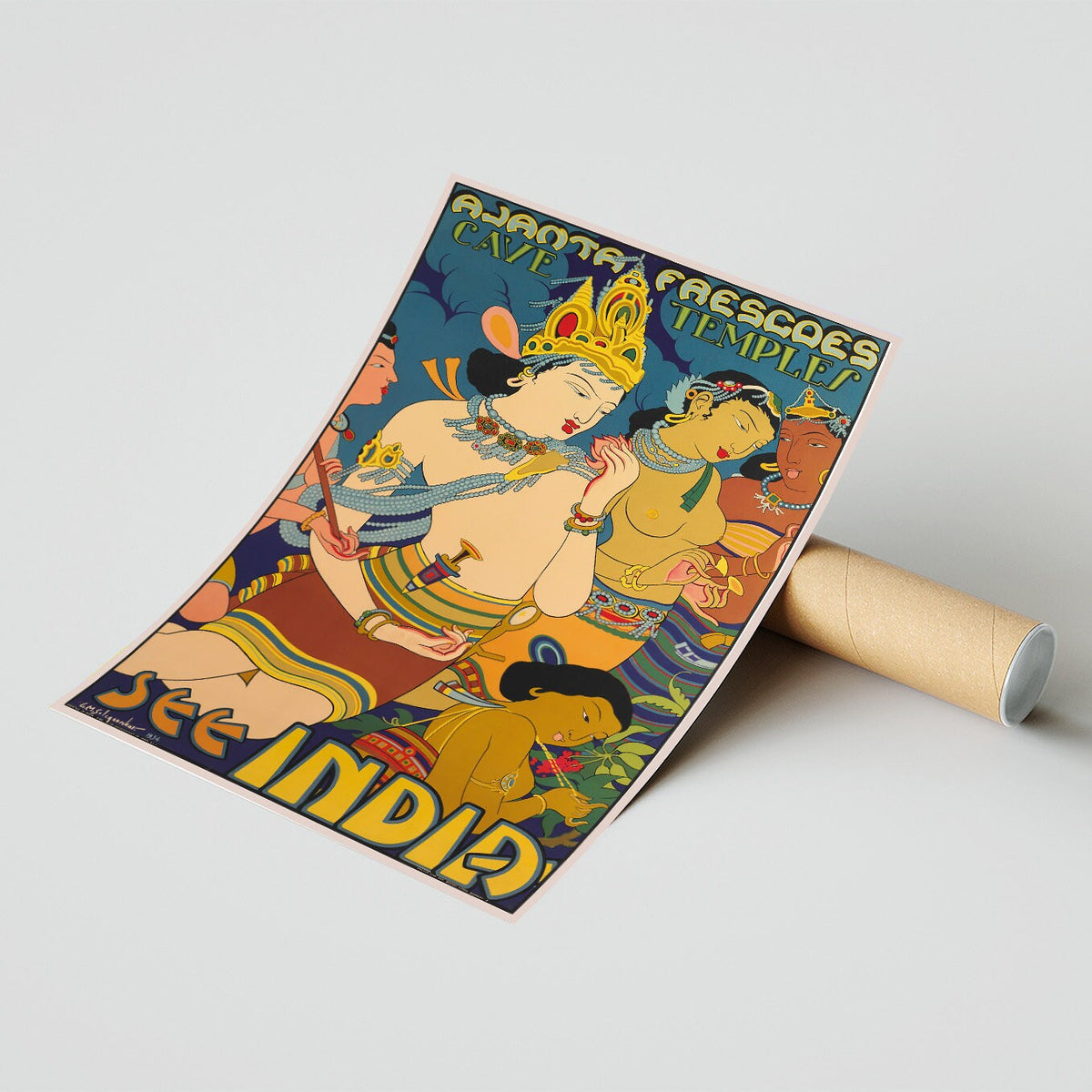 Vintage Fine Art Poster - A4, A1...20x30 inch... Cave Temples, See India - Vintage Reiseplakat
