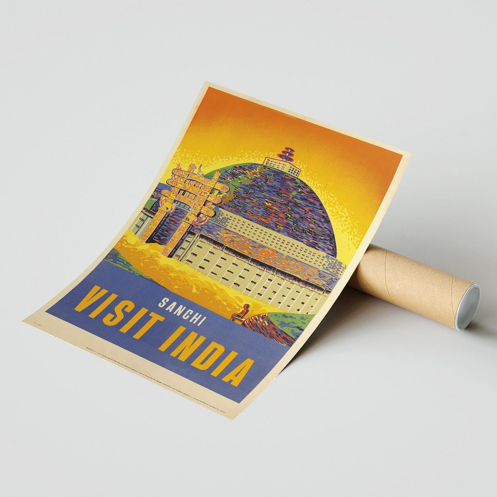 Hochauflösender Druck – A4, A3...20x30 Zoll... Sanchi, Visit India – Vintage Reiseplakat