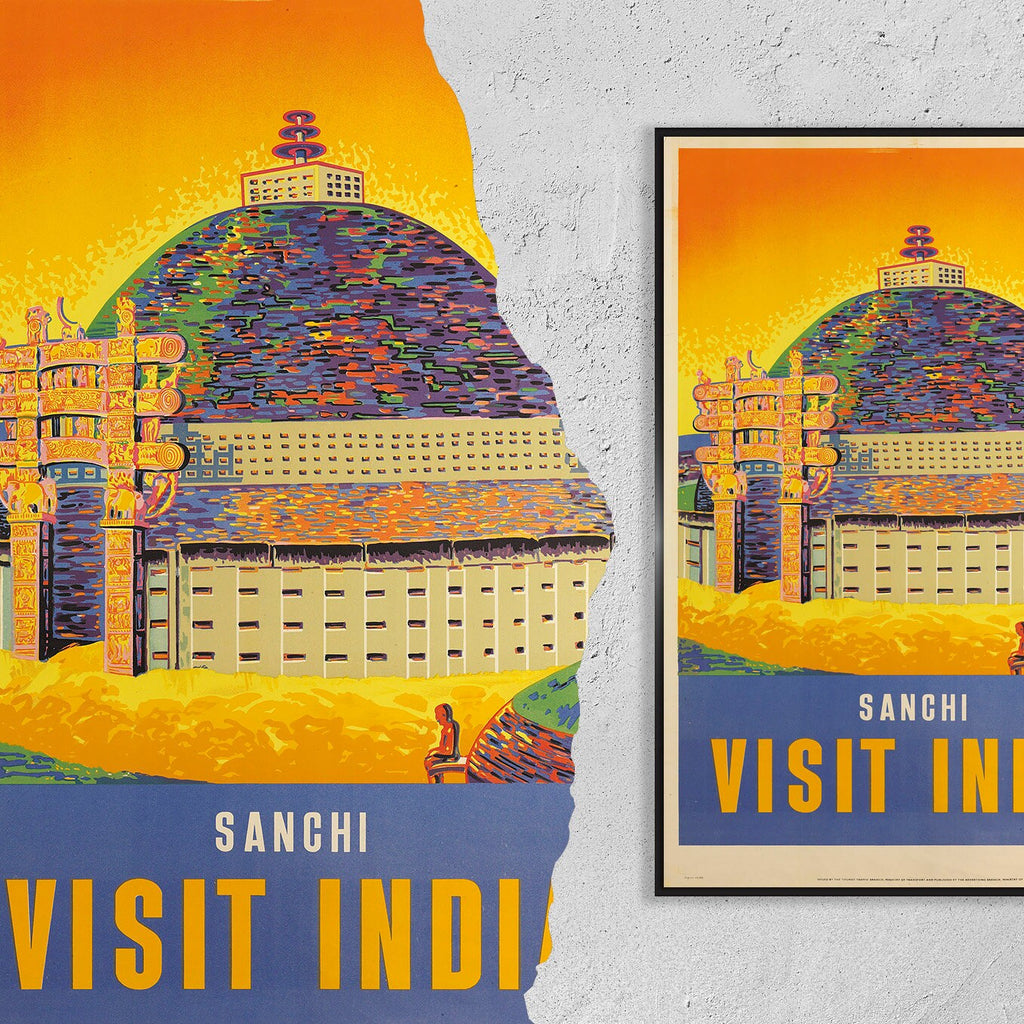 Hochauflösender Druck – A4, A3...20x30 Zoll... Sanchi, Visit India – Vintage Reiseplakat
