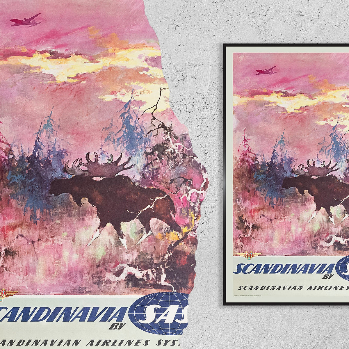 Hi-Res Print - A4, A3...20x30 Zoll... Nielsen, Skandinavien, Fliege SAS Airline Aviation Elch 1960 - Vintage Reiseplakat