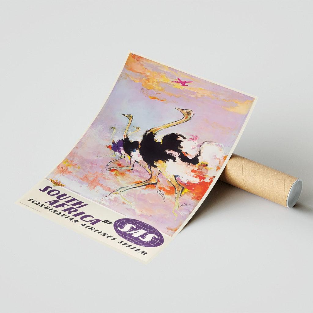 Hochauflösender Druck - A4, A3... 20x30 Zoll... Südafrika, Skandinavien, Fly SAS Aviation Strauß, 1960 - Vintage Reiseplakat