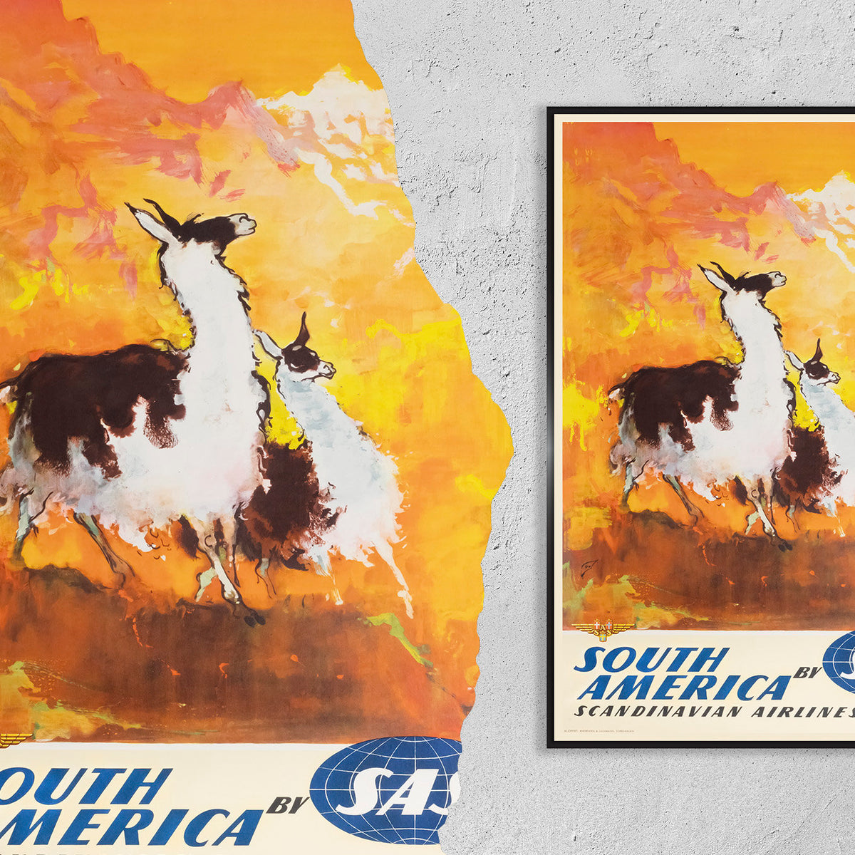 Vintage Fine Art Poster - A4, A1...20x30 Zoll... Südamerika, Skandinavien, Fluggesellschaft SAS, Lama 1960 - Vintage Reiseplakat
