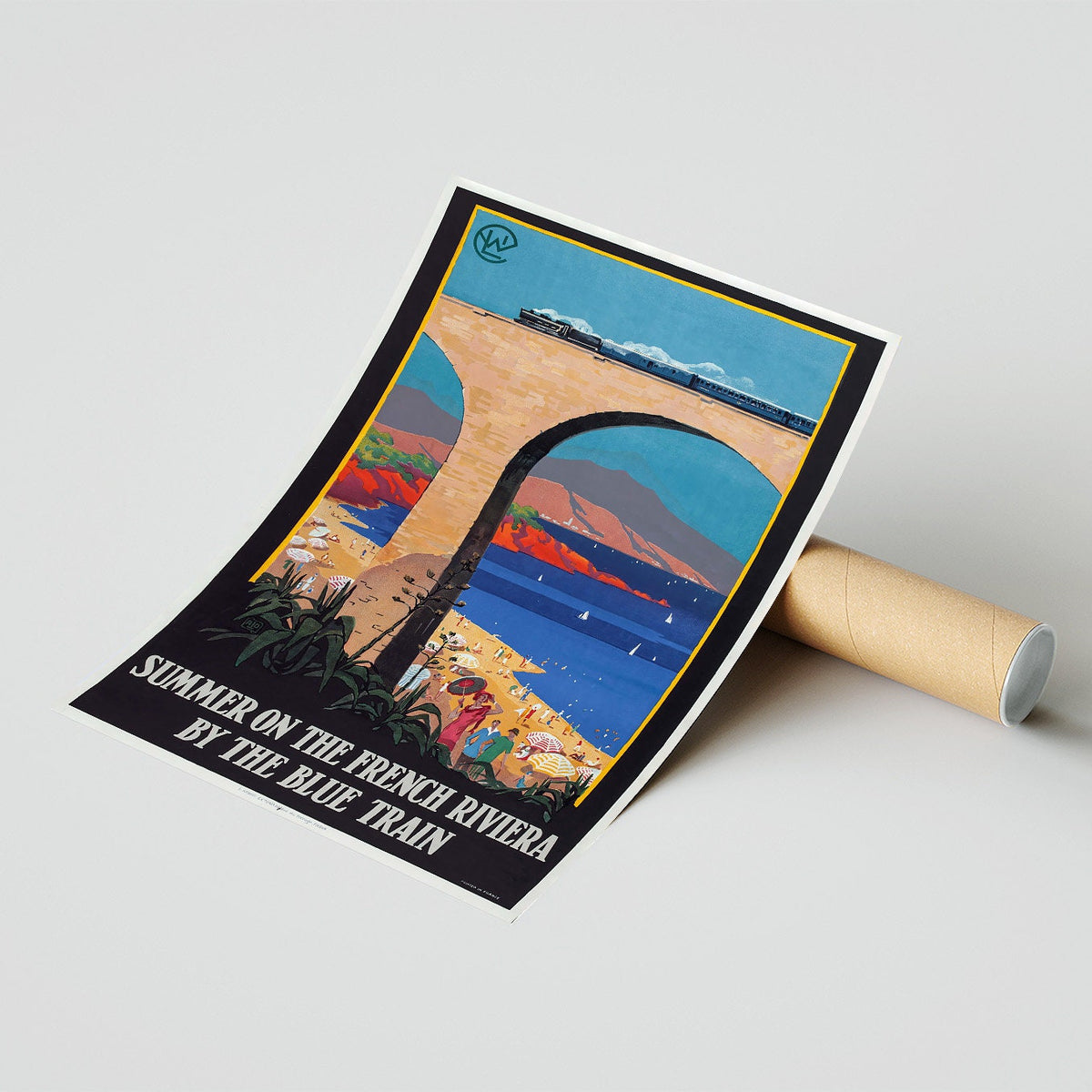 Hochauflösender Druck – A4, A3 ... 20x30 Zoll ... Sommer an der französischen Riviera mit dem Blauen Zug, Transport – Vintage-Reiseplakat