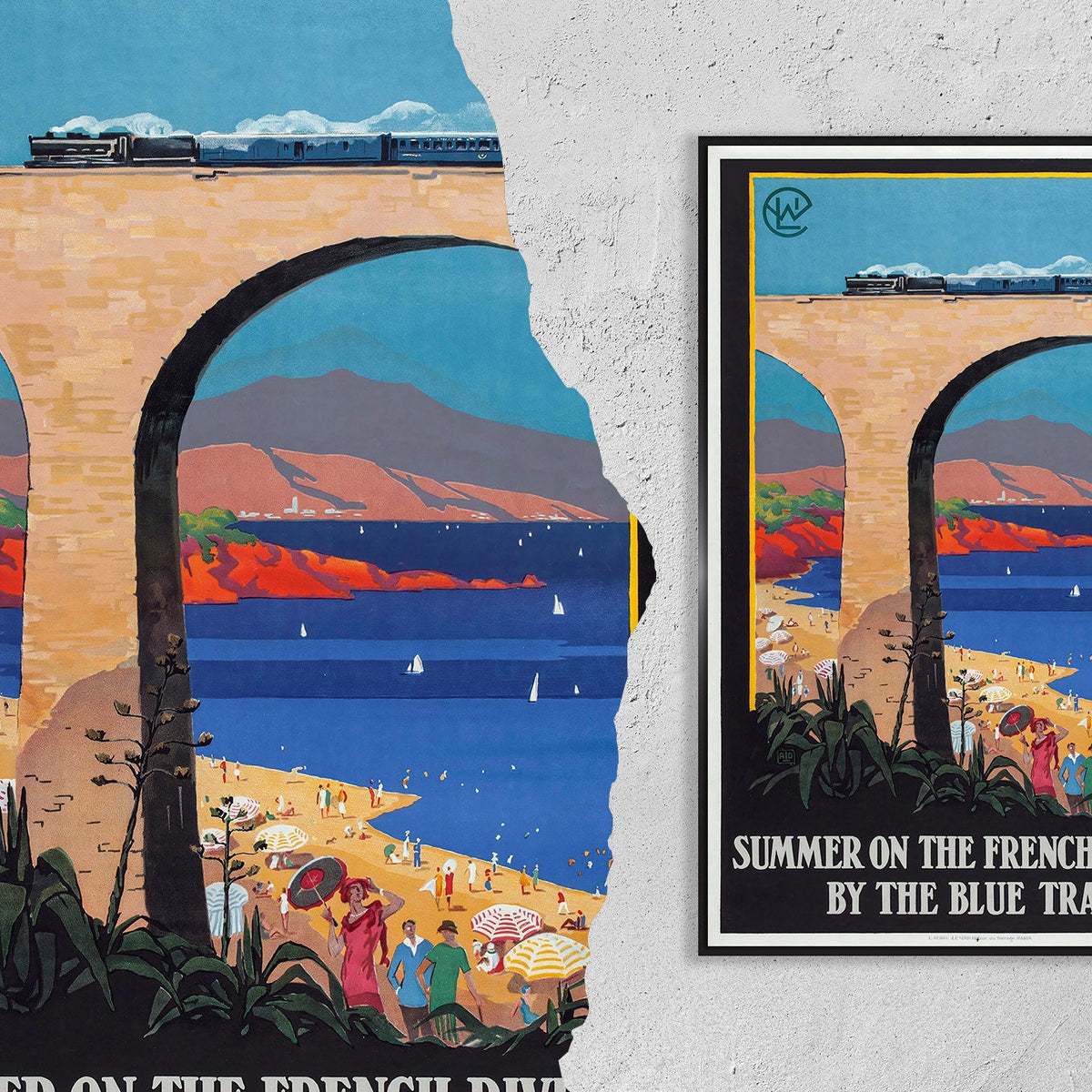 Hochauflösender Druck – A4, A3 ... 20x30 Zoll ... Sommer an der französischen Riviera mit dem Blauen Zug, Transport – Vintage-Reiseplakat