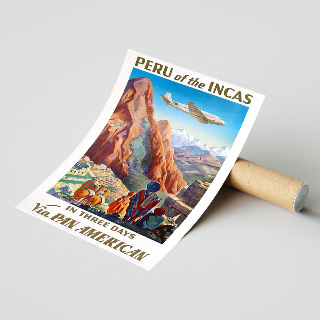 Vintage-Kunstdruckplakat – A4, A1... 20x30 Zoll... Pan American World Airways – Peru in drei Tagen besuchen – Vintage-Fluglinienplakat