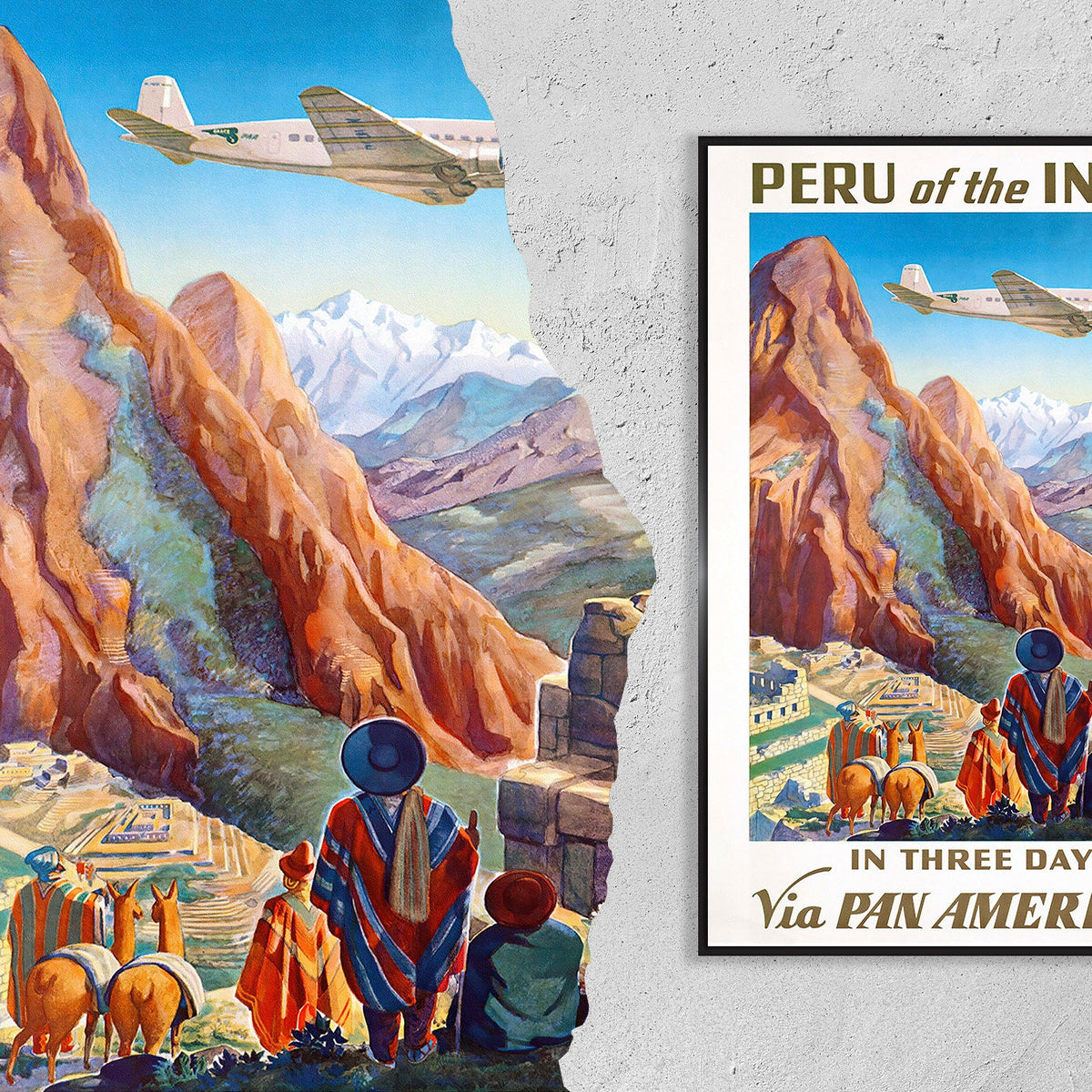 Vintage-Kunstdruckplakat – A4, A1... 20x30 Zoll... Pan American World Airways – Peru in drei Tagen besuchen – Vintage-Fluglinienplakat