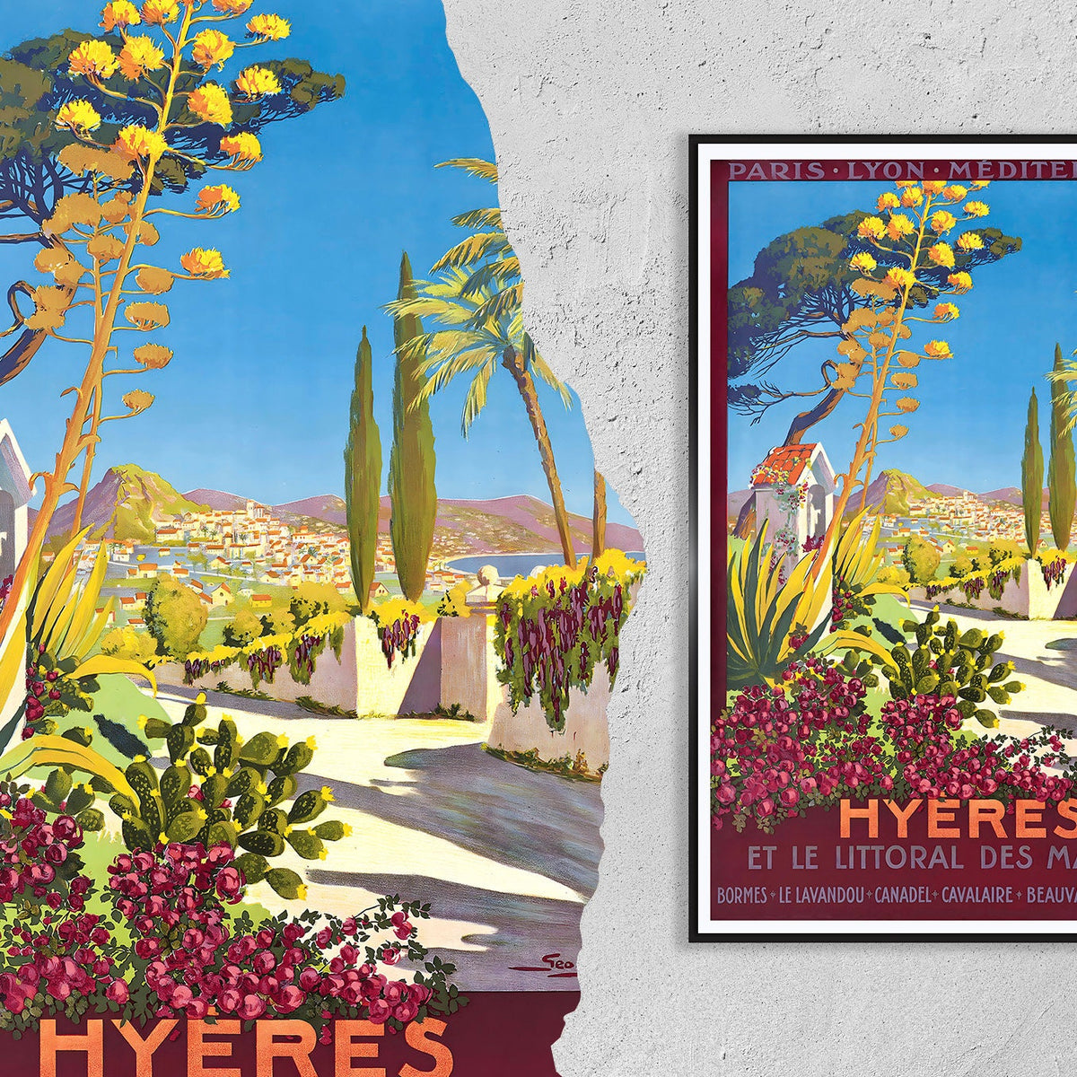 Vintage Kunstdruck-Poster – A4, A1...20x30 Zoll... Hyères, Paris, Lyon, Mittelmeer – Südfrankreich, PLM – Reise-Städte-Poster