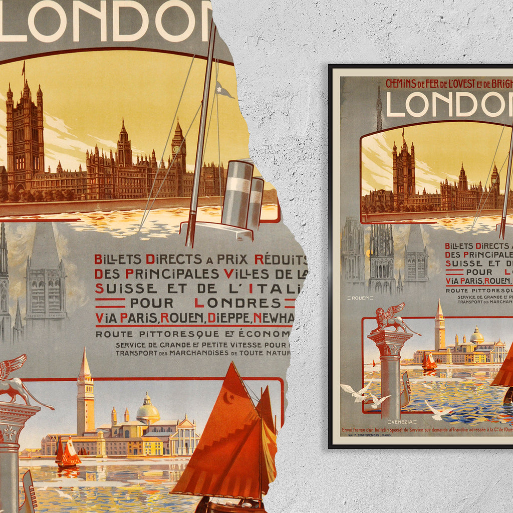 Hi-Res Print - A4, A3...20x30 inch... Chemin de fer de l'Ouest et de Brighton, London - Venezia, 1908 - Vintage Transport-Poster
