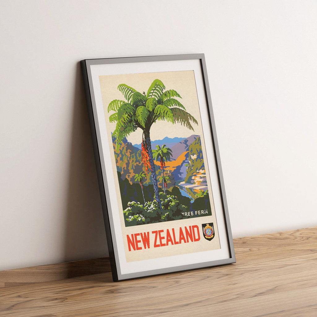 Vintage Fine Art Poster – A4, A1...20x30 inch... Visit New Zealand, Baumfarn – Vintage Reise Kunstdruck