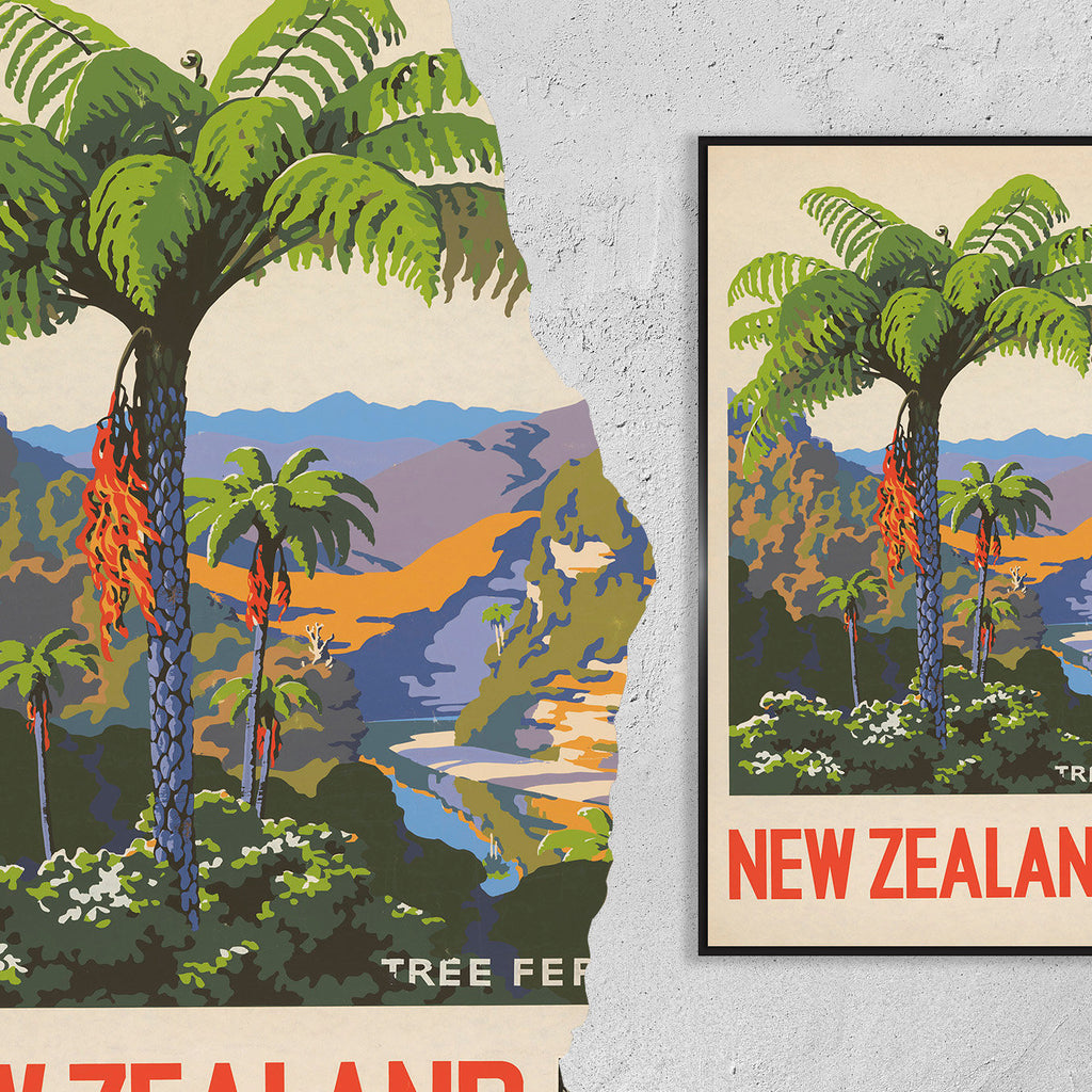 Vintage Fine Art Poster – A4, A1...20x30 inch... Visit New Zealand, Baumfarn – Vintage Reise Kunstdruck