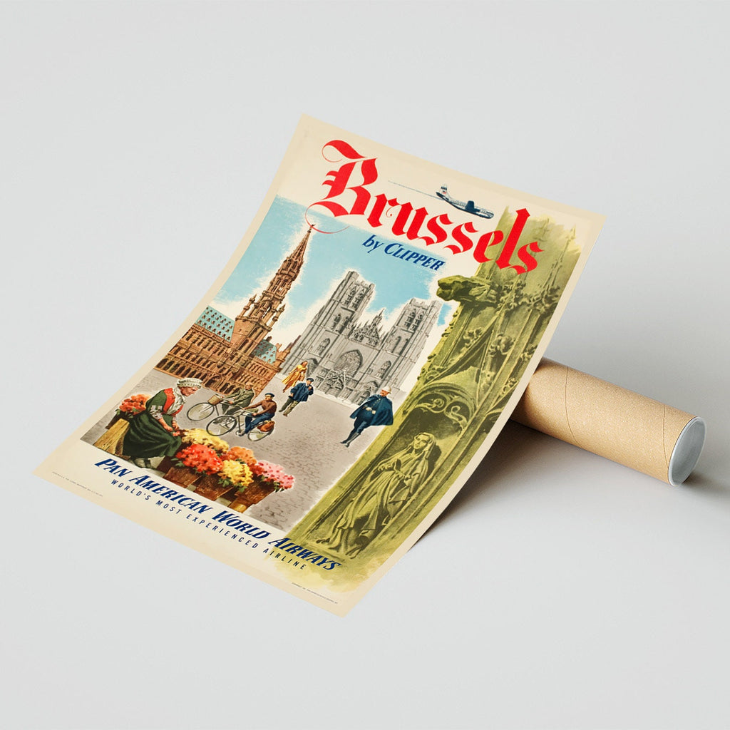Hi-Res-Druck - A4, A3... 20x30 Zoll... Pan American World Airways, Brussels by Clipper, 1951 - Vintage Airline-Werbeplakat