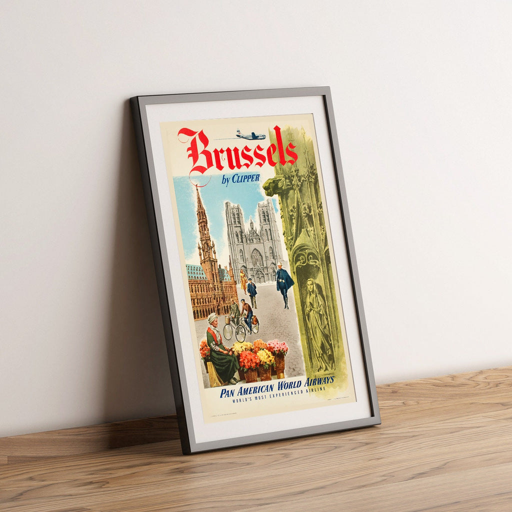 Hi-Res-Druck - A4, A3... 20x30 Zoll... Pan American World Airways, Brussels by Clipper, 1951 - Vintage Airline-Werbeplakat