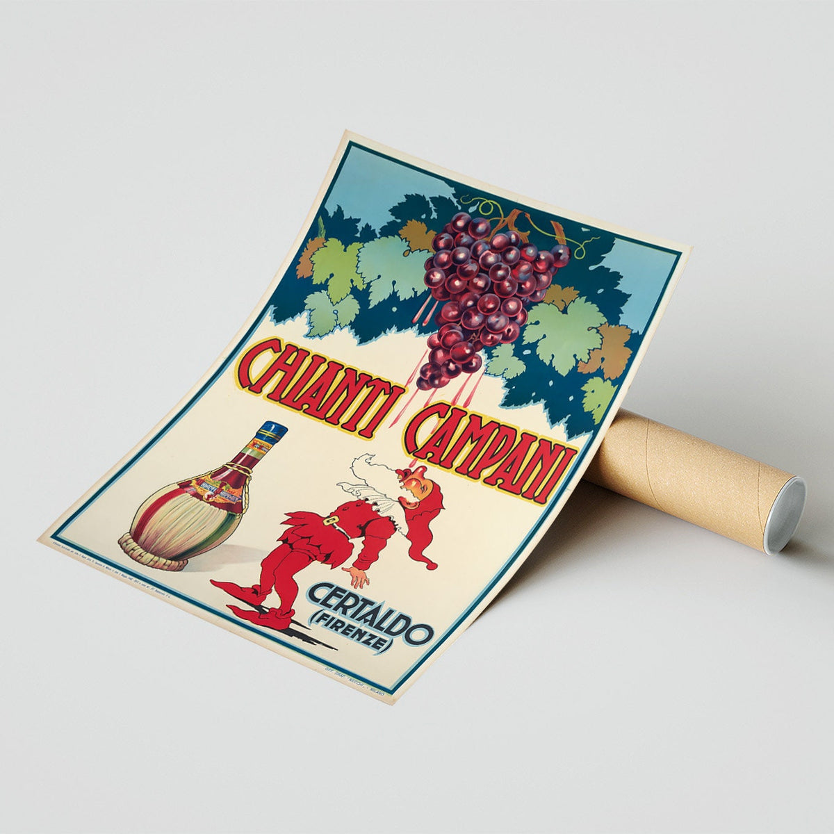 Hochauflösender Druck - A4, A3...20x30 Zoll... Chianti Campani, berühmter italienischer Rotwein, Certaldo (Florenz), 1940 - Vintage-Getränkeplakat