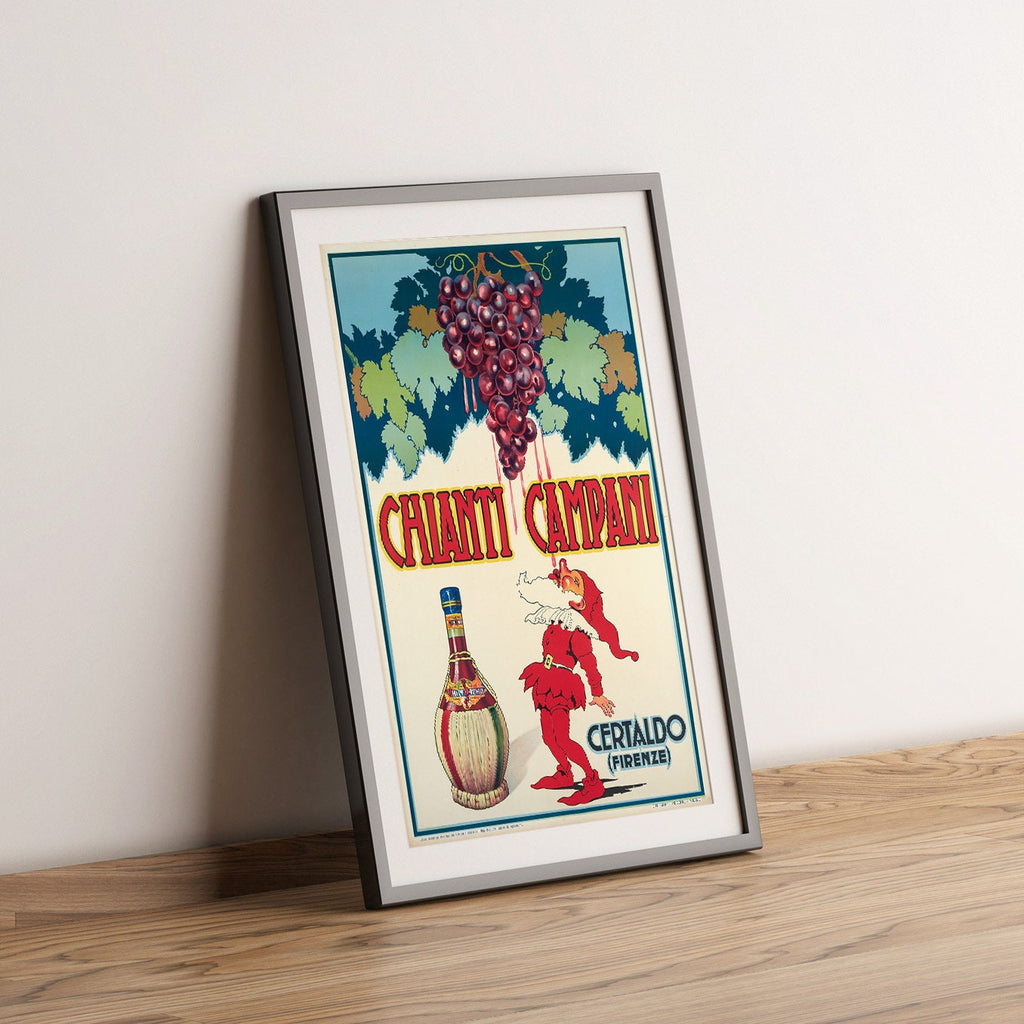 Hochauflösender Druck - A4, A3...20x30 Zoll... Chianti Campani, berühmter italienischer Rotwein, Certaldo (Florenz), 1940 - Vintage-Getränkeplakat
