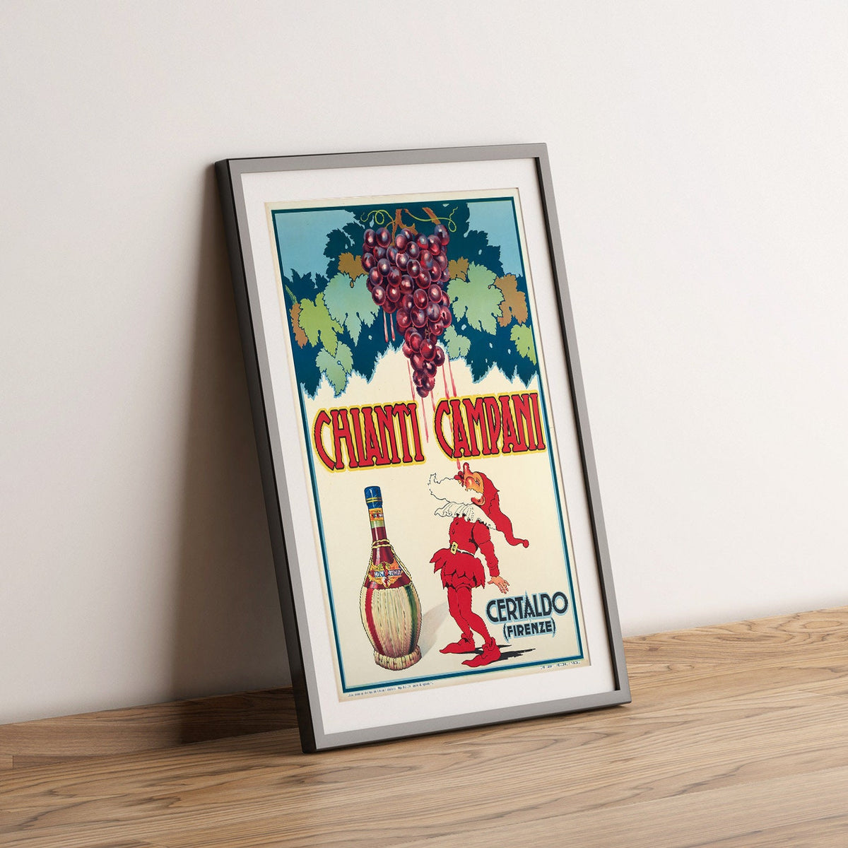 Hochauflösender Druck - A4, A3...20x30 Zoll... Chianti Campani, berühmter italienischer Rotwein, Certaldo (Florenz), 1940 - Vintage-Getränkeplakat