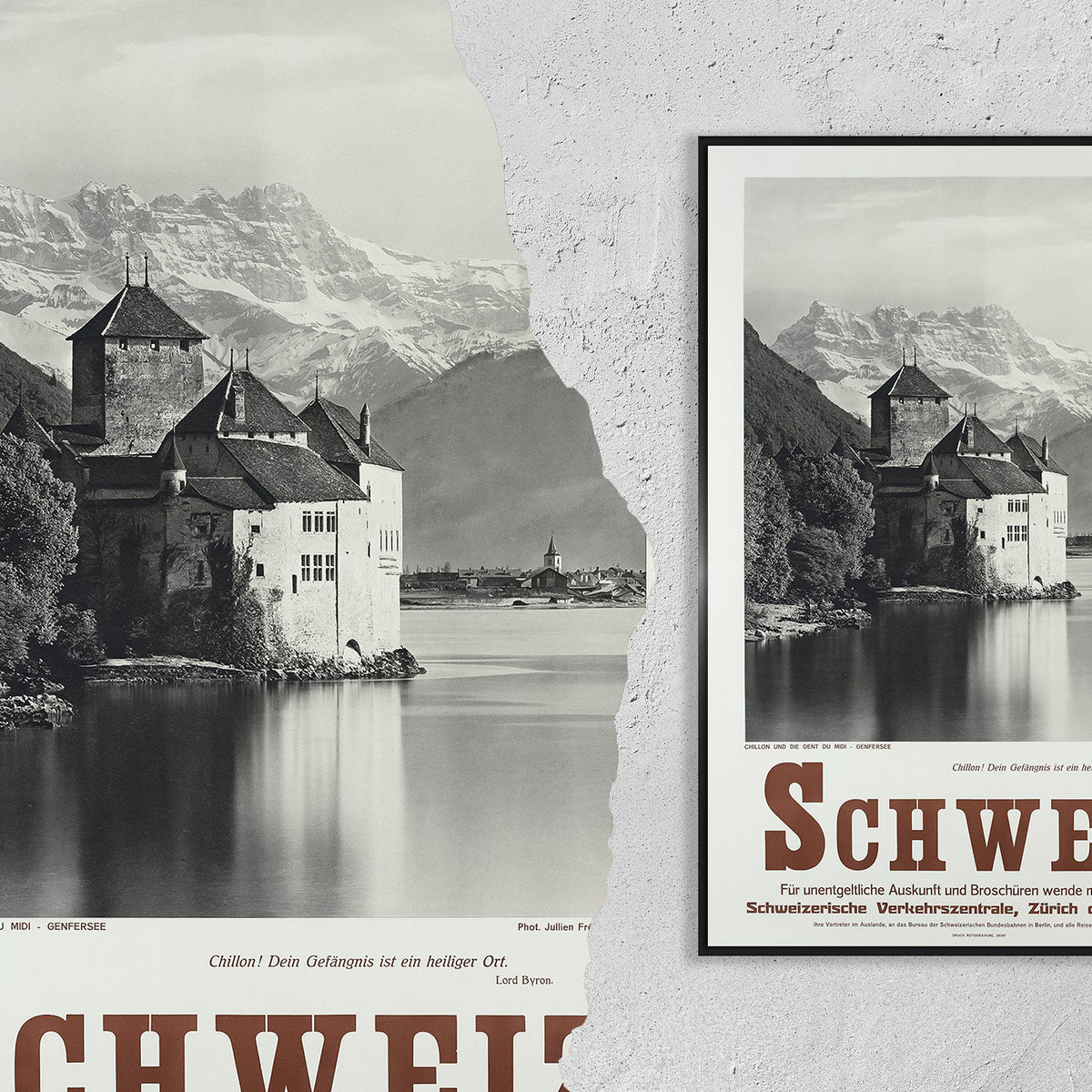 Hi-Res-Druck - A4, A3...20x30 Zoll... Schweiz, Chillon und die Dent du Midi, Genf, 1928 - Vintage Reiseplakat Transport