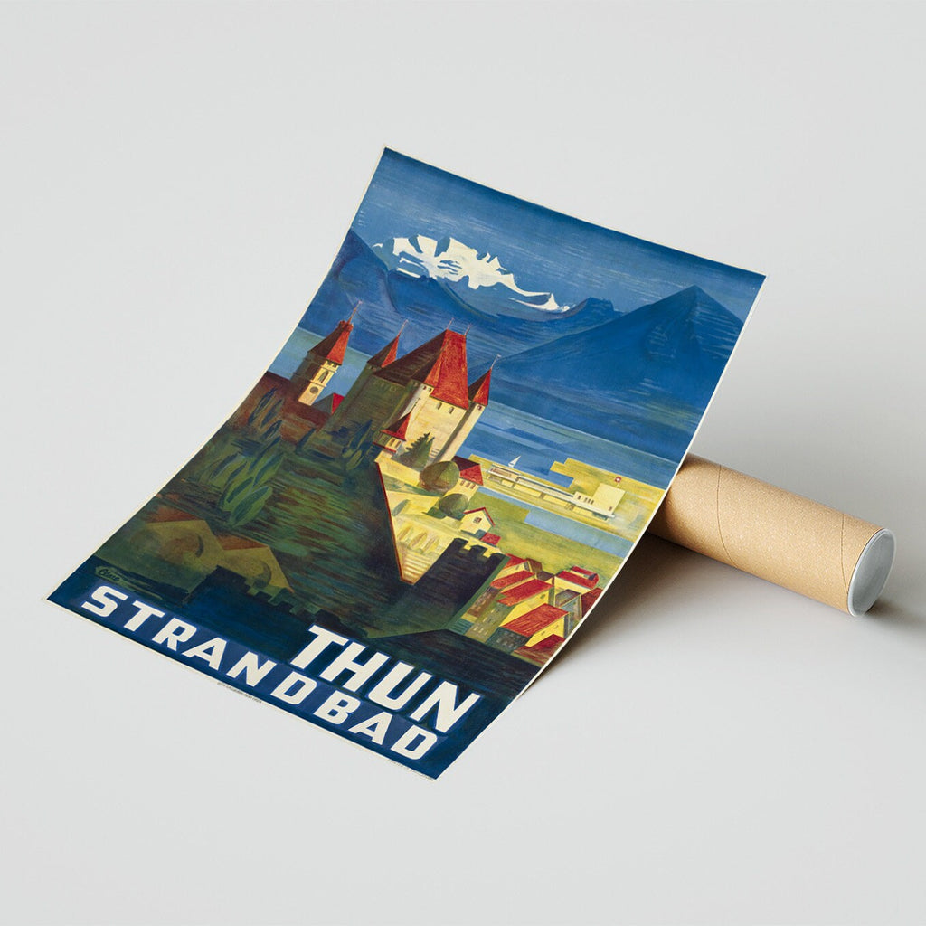 Hochauflösender Druck - A4, A3... 20x30 Zoll... Thunersee Berg, Schweiz Schloss, Strandbad, Etienne CLARE, 1940 - Vintage Reiseplakat