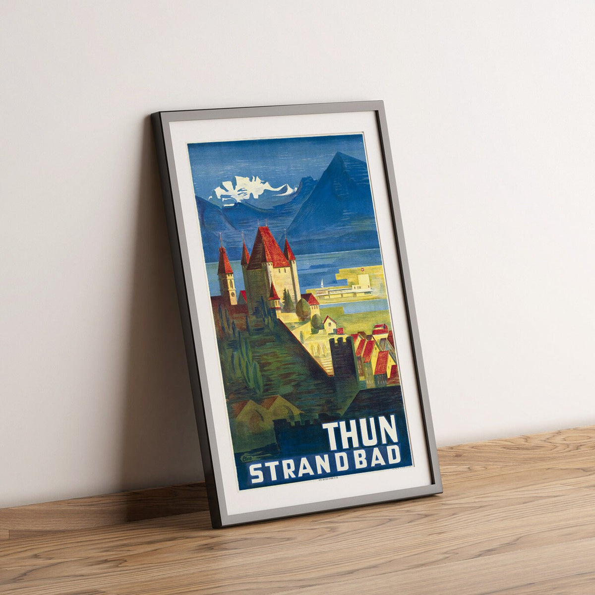 Hochauflösender Druck - A4, A3... 20x30 Zoll... Thunersee Berg, Schweiz Schloss, Strandbad, Etienne CLARE, 1940 - Vintage Reiseplakat
