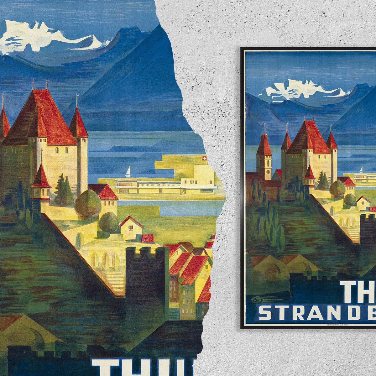 Hochauflösender Druck - A4, A3... 20x30 Zoll... Thunersee Berg, Schweiz Schloss, Strandbad, Etienne CLARE, 1940 - Vintage Reiseplakat