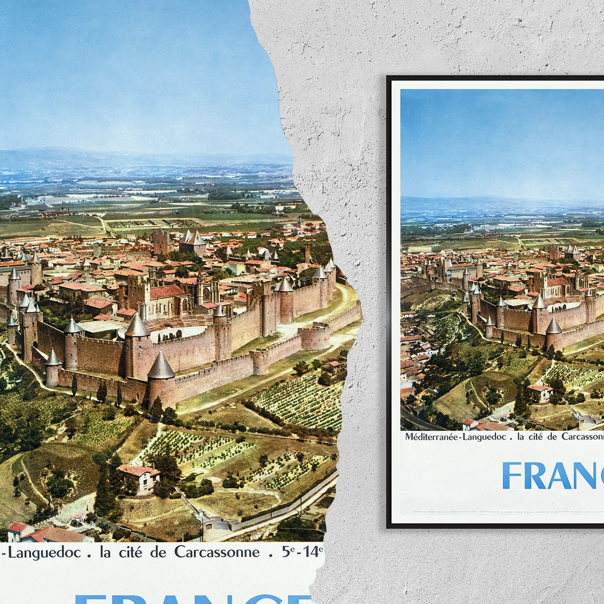 Hi-Res Print - A4, A3...20x30 Zoll... Reise nach Frankreich, La Cité de Carcassonne, Languedoc Frankreich Schloss, 1960 - Vintage Reiseposter