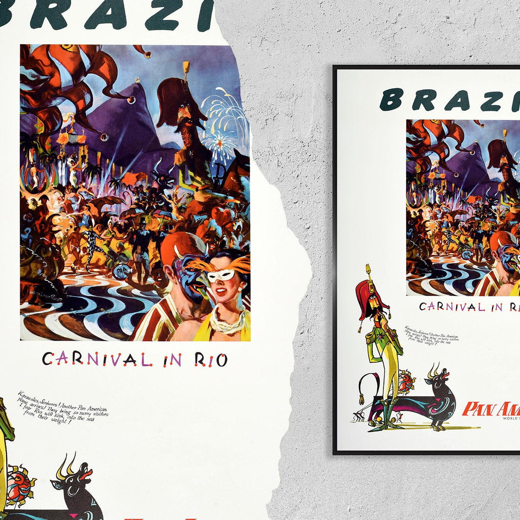 Hochauflösender Druck - A4, A3... 20x30 Zoll... Pan American World Airways, Reisen in Brasilien, Karneval in Rio, 1950 - Vintage-Fluglinienposter
