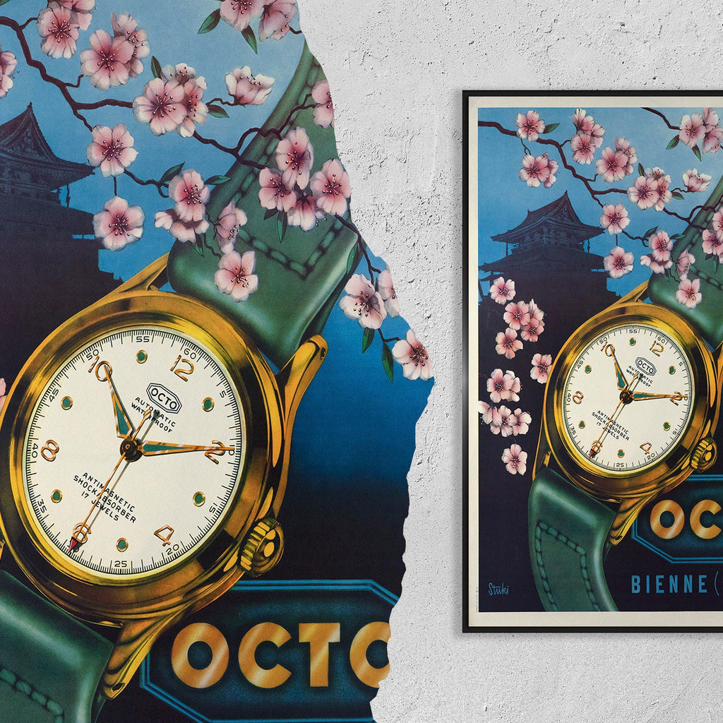 Vintage-Kunstdruckplakat – A4, A1...20x30 Zoll... Octo, Biel, Schweiz, Stuki, 1950 – Vintage-Uhrenwerbedruck