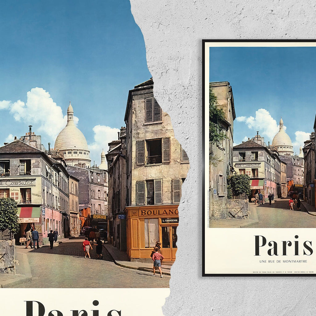 Hochauflösender Druck - A4, A3...20x30 Zoll... Paris, Eine Straße in Montmartre, 1955 - Vintage Reiseplakat