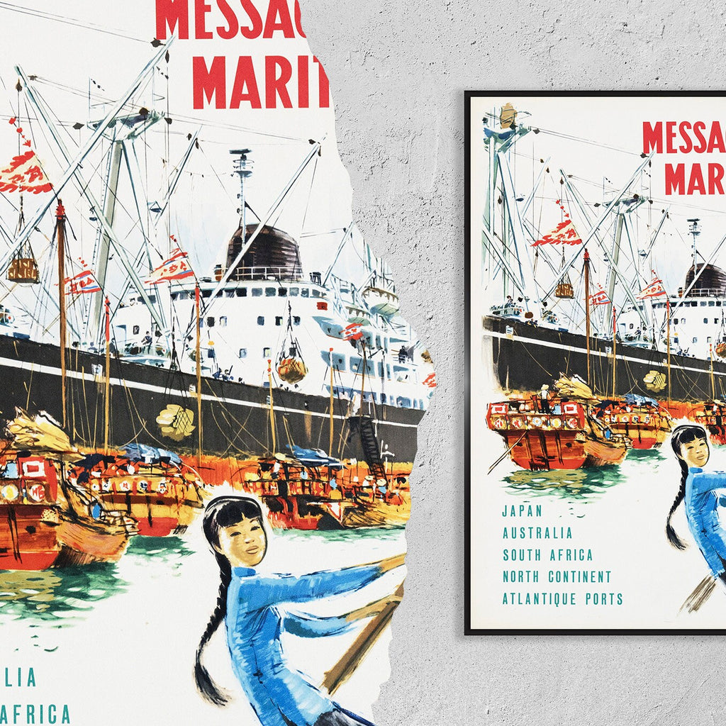 Hi-Res Druck - A4, A3...20x30 Zoll... Messageries Maritimes, Japan, Australien, Südafrika, Nordkontinent, 1954 - Vintage Reiseposter