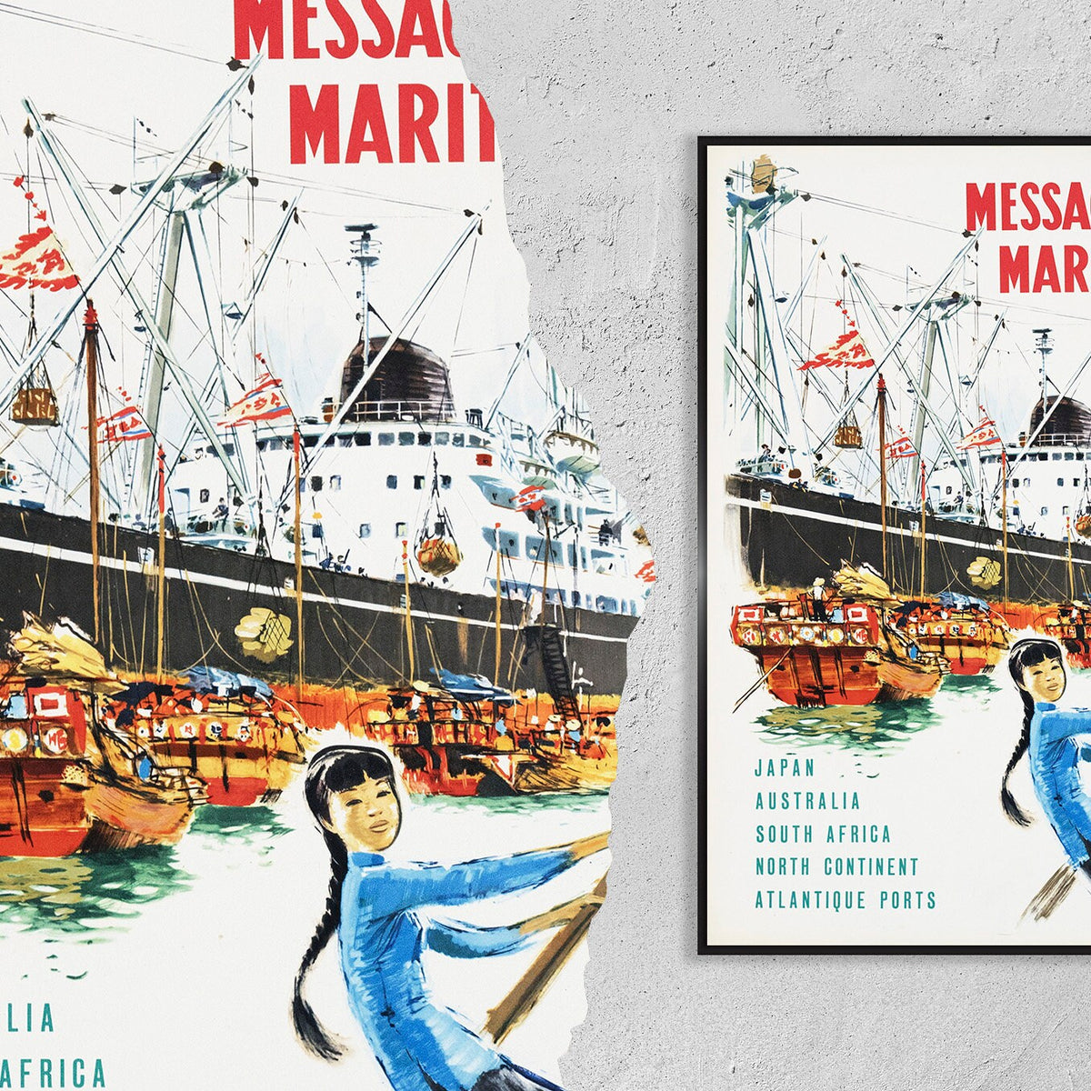 Hi-Res Druck - A4, A3...20x30 Zoll... Messageries Maritimes, Japan, Australien, Südafrika, Nordkontinent, 1954 - Vintage Reiseposter