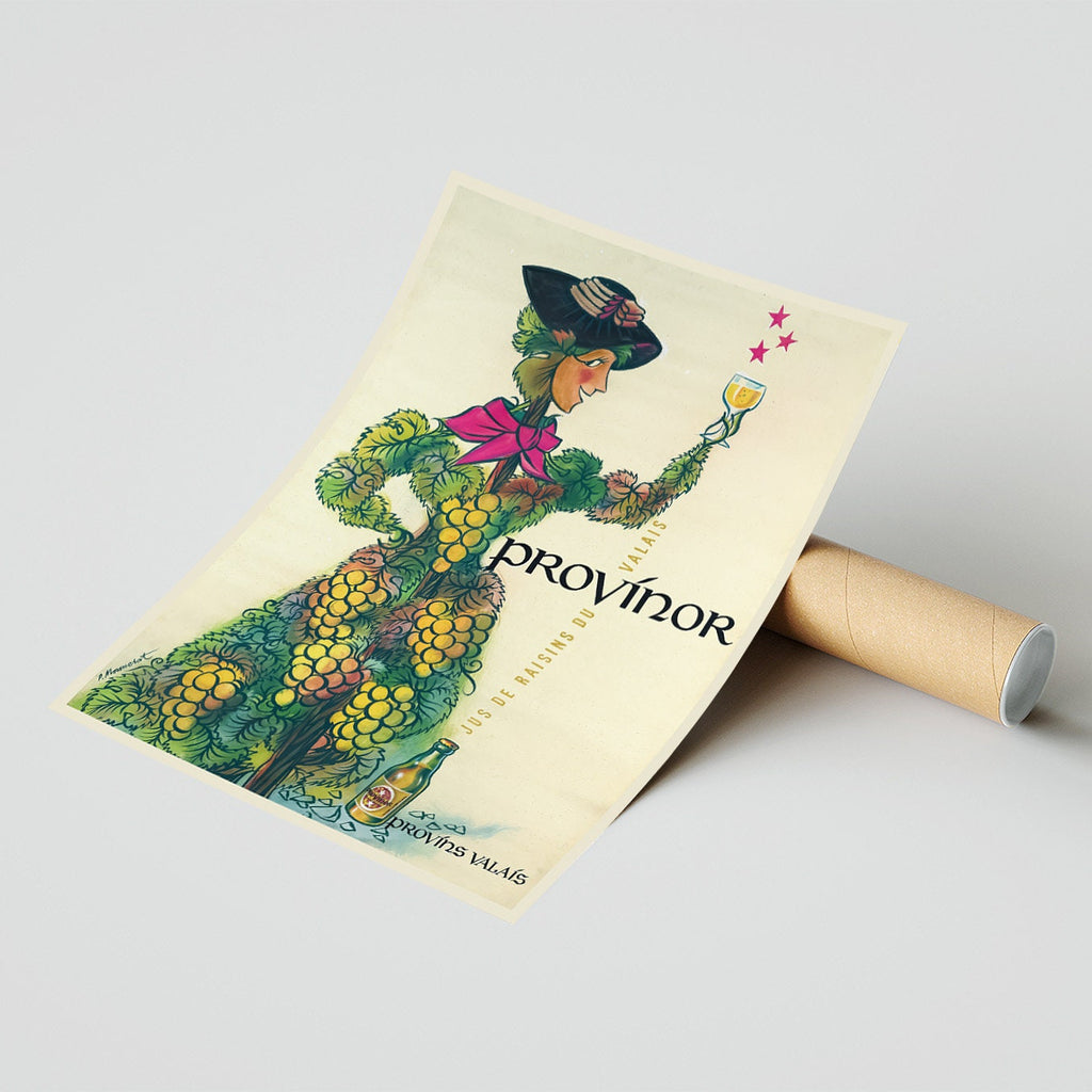 Hochauflösender Druck - A4, A3...20x30 Zoll... Provinor, Jus de raisins du Valais, Juice Raisin Provins, 1951 - Vintage Getränke Poster