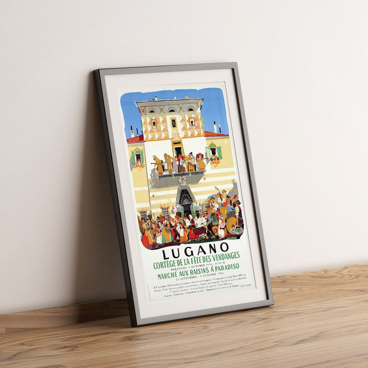 Hi-Res Print - A4, A3...20x30 inch... Lugano, cortège de la fête des vendanges, marché aux raisins à Paradisio, 1954 - Vintage Getränke Poster