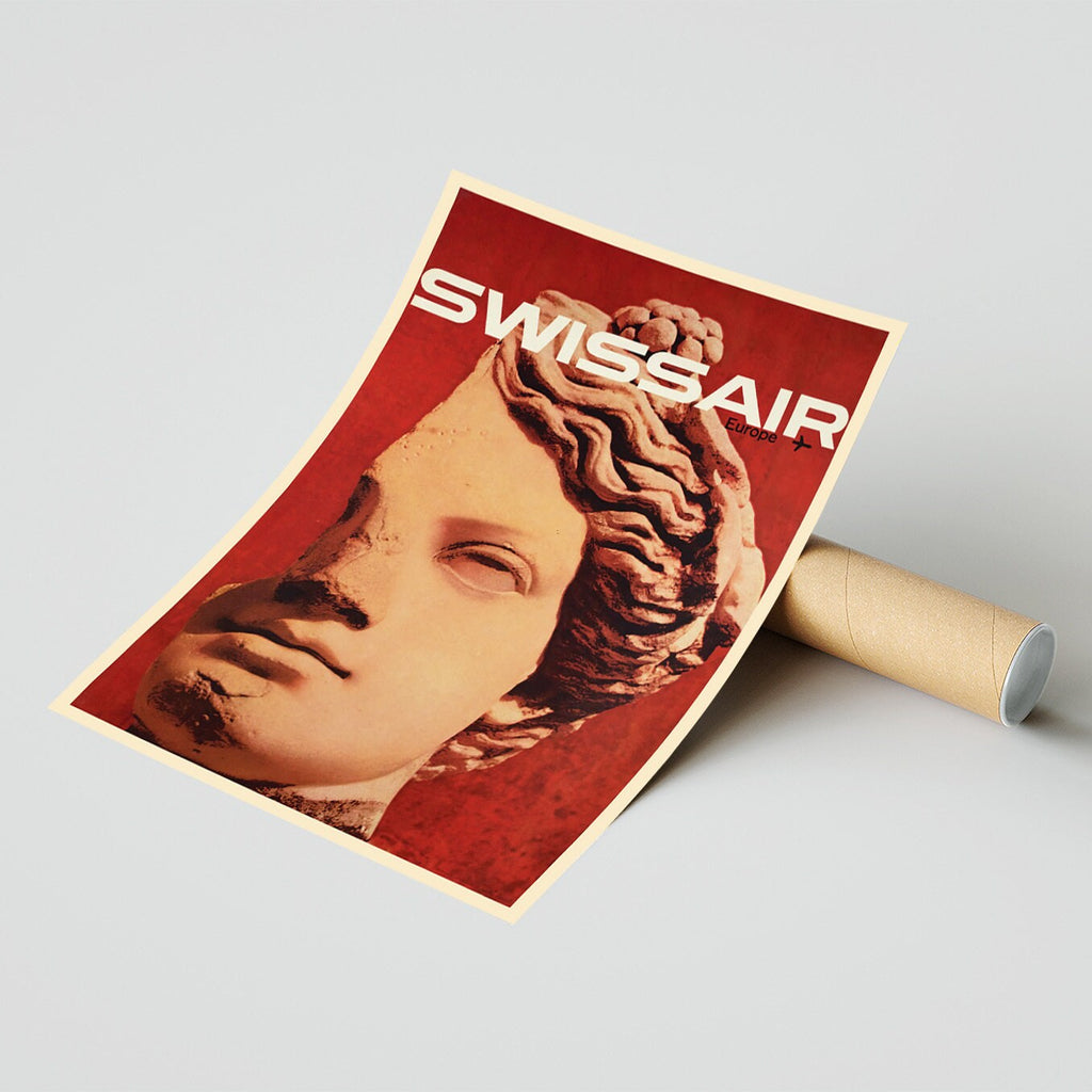 Hochauflösender Druck - A4, A3...20x30 Zoll... Reise Luftfahrt, Schweiz Statue Swissair Europa, 1964 - Vintage Werbeplakat Airline