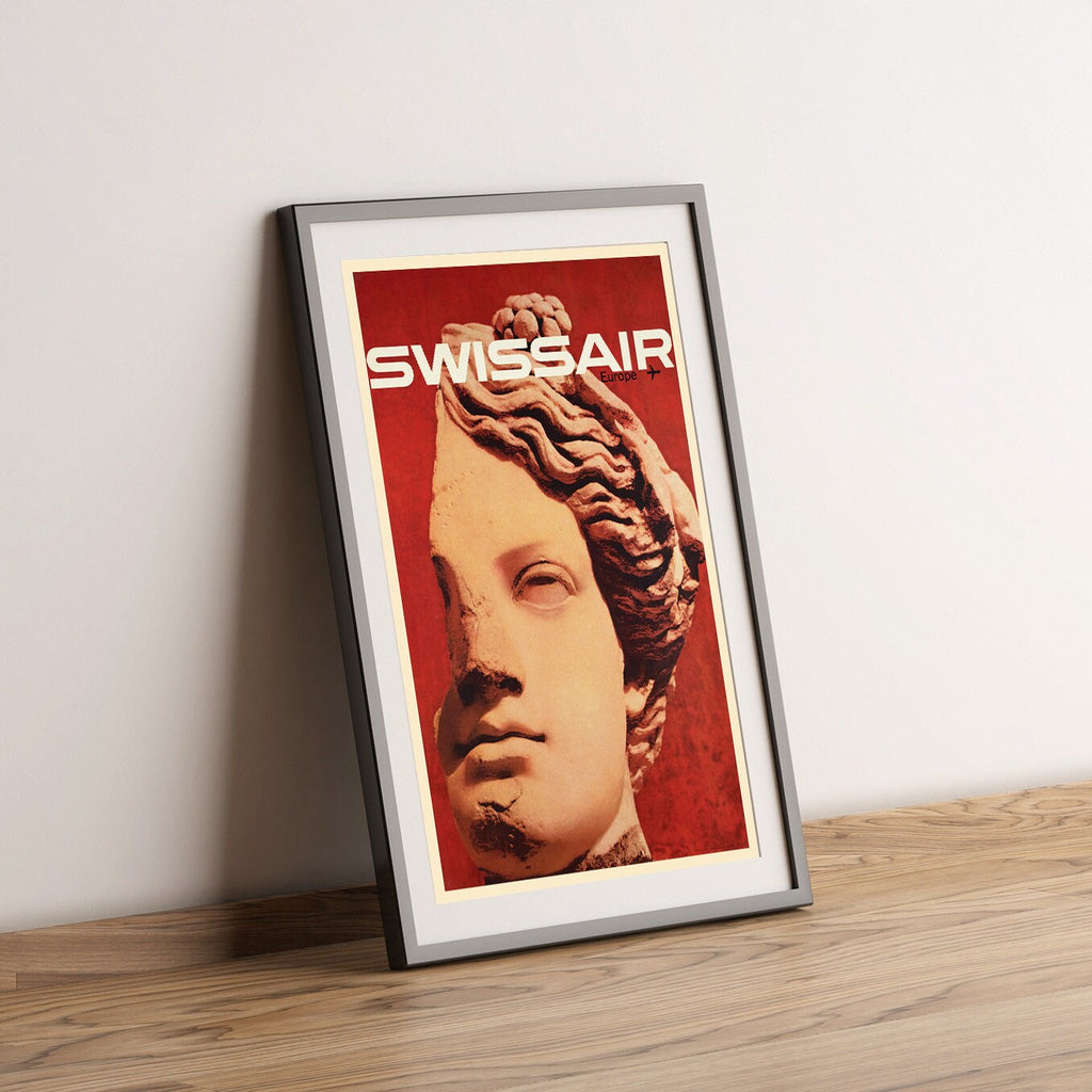 Hochauflösender Druck - A4, A3...20x30 Zoll... Reise Luftfahrt, Schweiz Statue Swissair Europa, 1964 - Vintage Werbeplakat Airline
