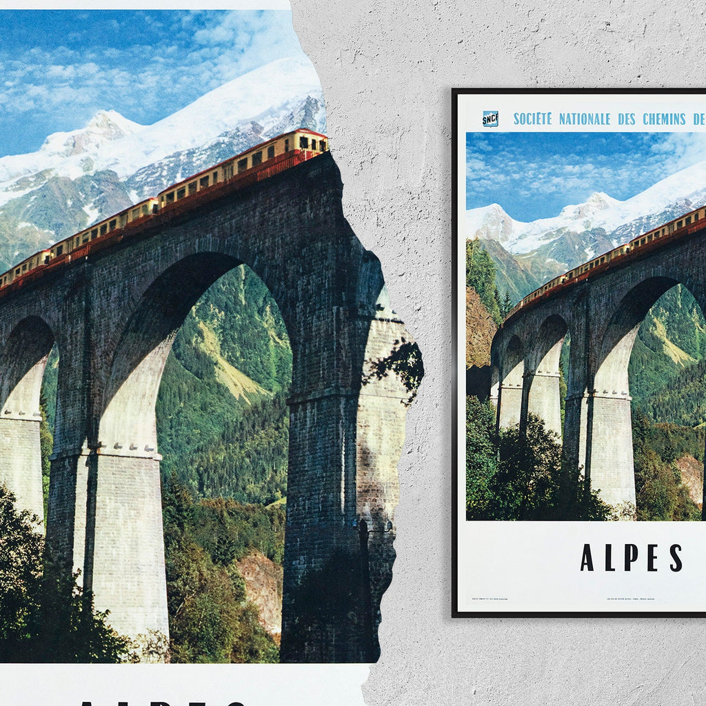 Hohe Auflösung Druck - A4, A3...76x102 cm.. Reisen in Frankreich, Gebirgsbahnen Alpenbrücke, Mont-Blanc Savoyen, SNCF, 1960 - Vintage Reiseplakat