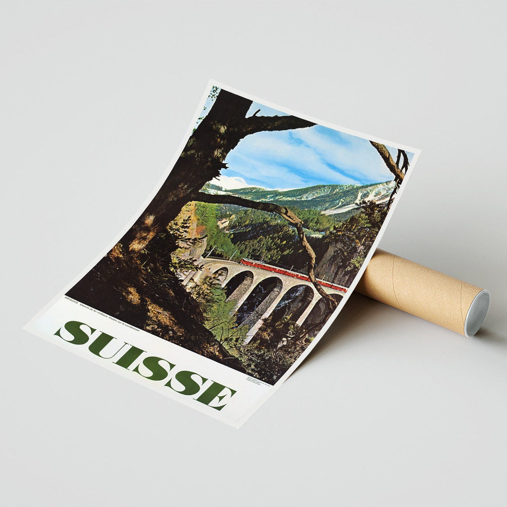 Hochauflösender Druck – A4, A3...20x30 Zoll... Rhätische Bahn, Landwasserviadukt in Graubünden, 1961, Vintage-Reiseposter