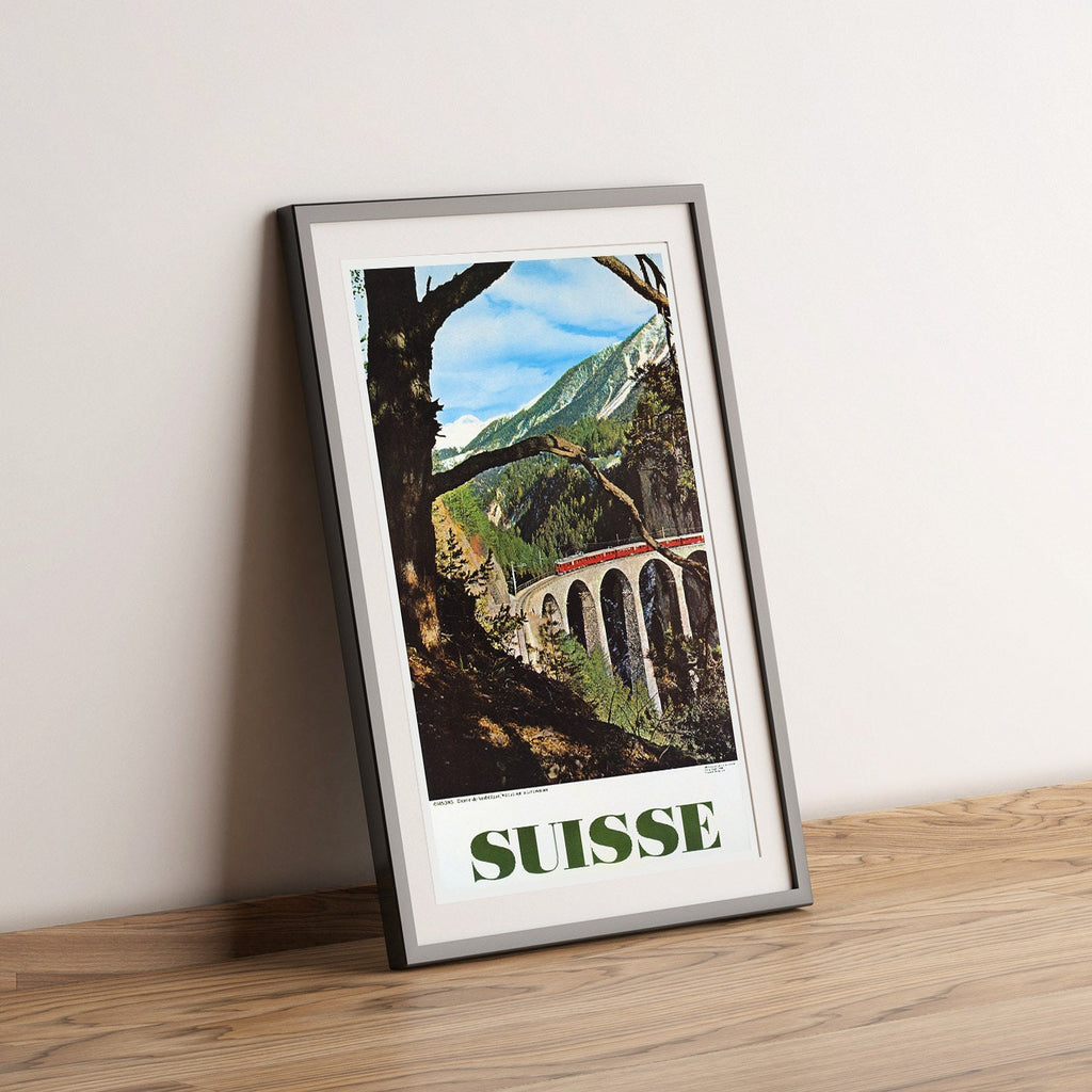 Hochauflösender Druck – A4, A3...20x30 Zoll... Rhätische Bahn, Landwasserviadukt in Graubünden, 1961, Vintage-Reiseposter