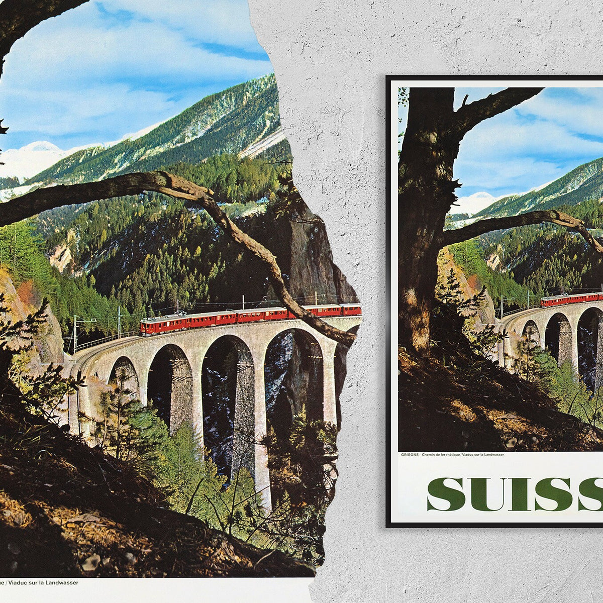 Hochauflösender Druck – A4, A3...20x30 Zoll... Rhätische Bahn, Landwasserviadukt in Graubünden, 1961, Vintage-Reiseposter