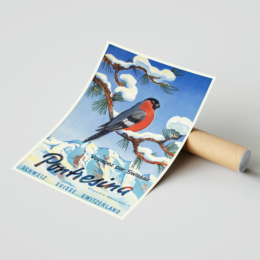 Hochauflösender Druck - A4, A3...20x30 Zoll... Winter in Pontresina im Engadin, Voyagez par Swissair, 1952 - Vintage Werbeplakat einer Fluggesellschaft