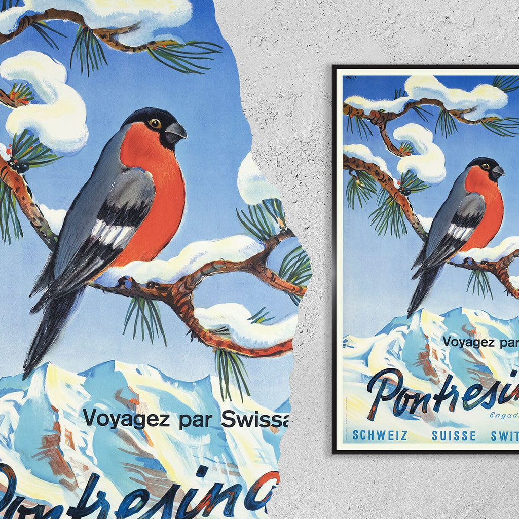 Hochauflösender Druck - A4, A3...20x30 Zoll... Winter in Pontresina im Engadin, Voyagez par Swissair, 1952 - Vintage Werbeplakat einer Fluggesellschaft