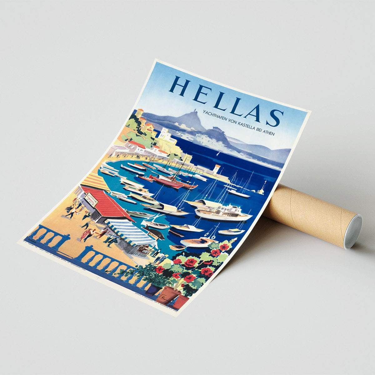 Hi-Res-Druck – A4, A3... 20x30 Zoll... Reise-Meerboot, Hellas Griechenland Hafen, Yachthafen von Kastella bei Athen, 1955 – Vintage-Bootsposter