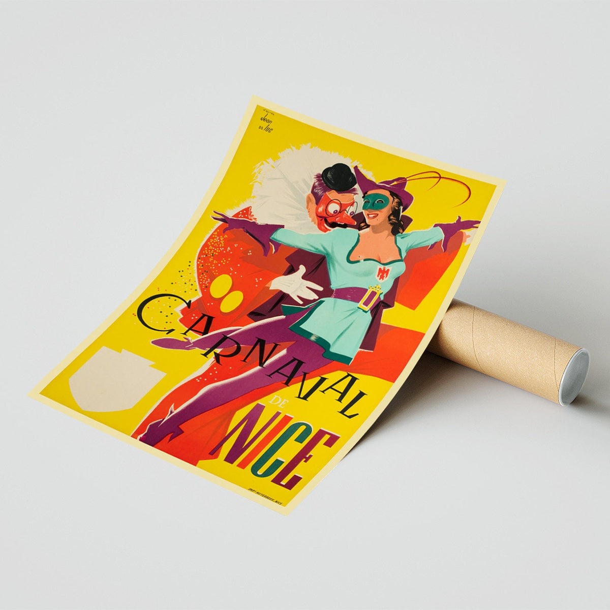 Hochauflösender Druck – A4, A3...20x30 Zoll... Karneval von Nizza an der Côte d'Azur in Frankreich, Alpes-Maritimes, 1955 – Vintage-Reiseposter