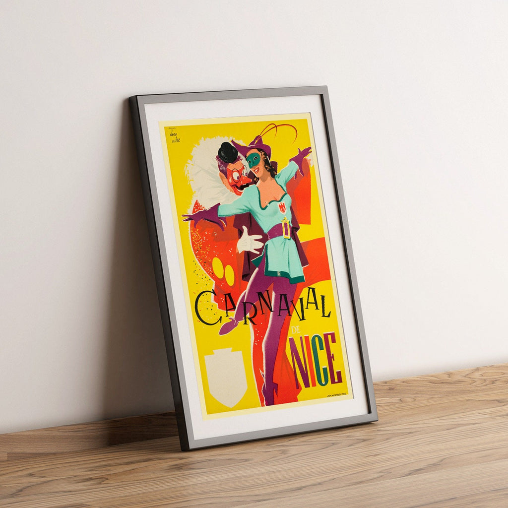 Hochauflösender Druck – A4, A3...20x30 Zoll... Karneval von Nizza an der Côte d'Azur in Frankreich, Alpes-Maritimes, 1955 – Vintage-Reiseposter