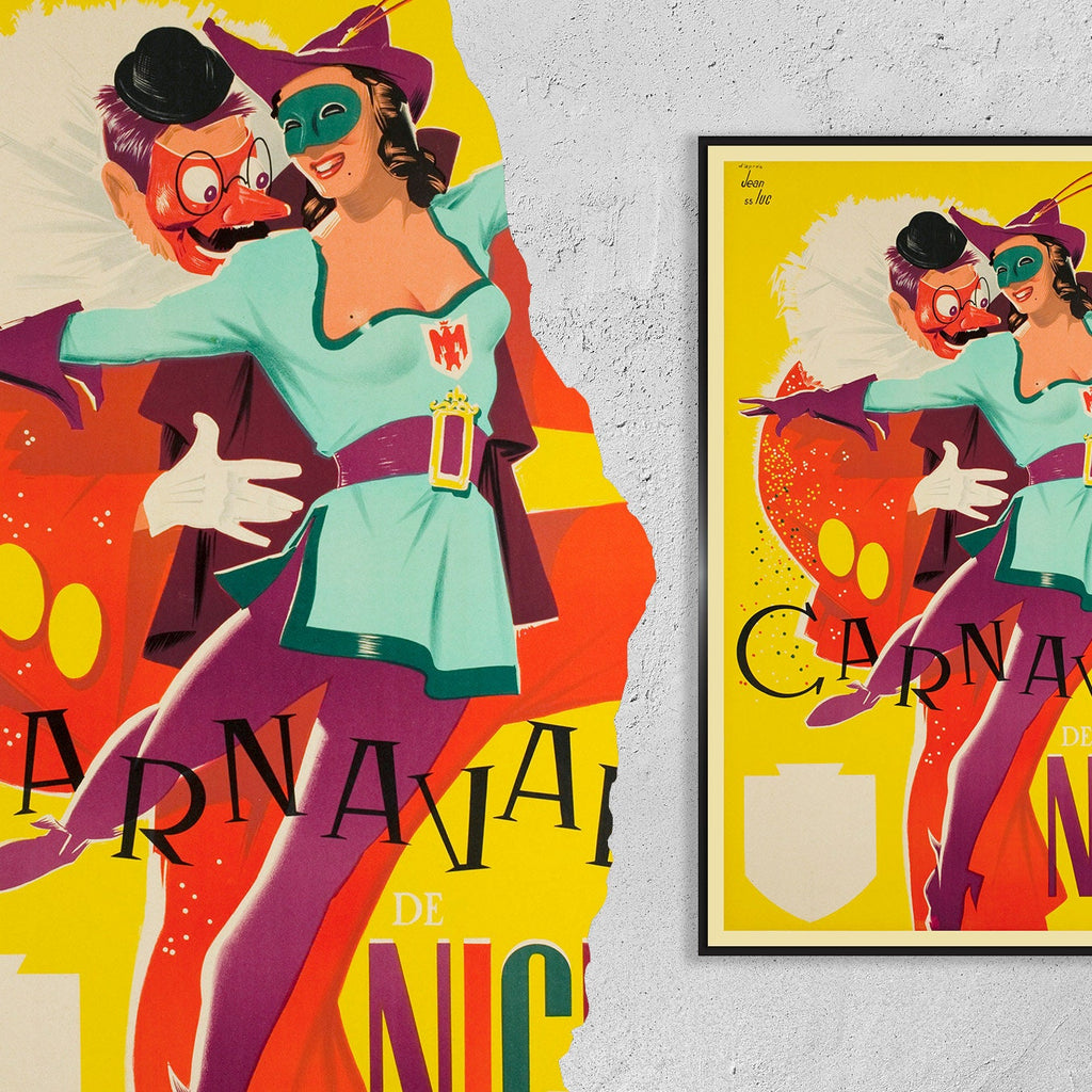 Hochauflösender Druck – A4, A3...20x30 Zoll... Karneval von Nizza an der Côte d'Azur in Frankreich, Alpes-Maritimes, 1955 – Vintage-Reiseposter