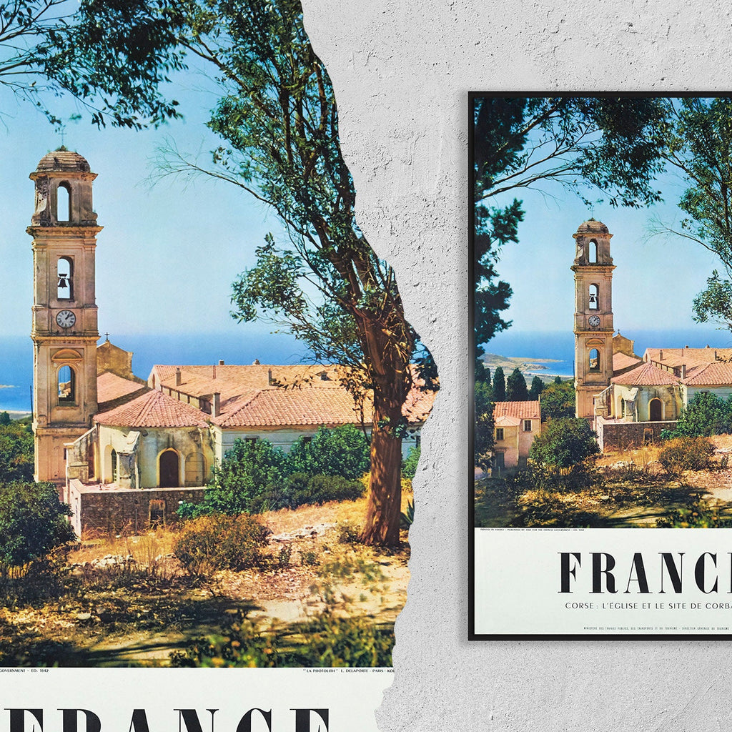Hochauflösender Druck – A4, A3… 20x30 Zoll… Frankreich, Korsika Frankreich Kirche, Korsika, L'église et le site de Corbara, 1955 – Vintage-Reiseplakat